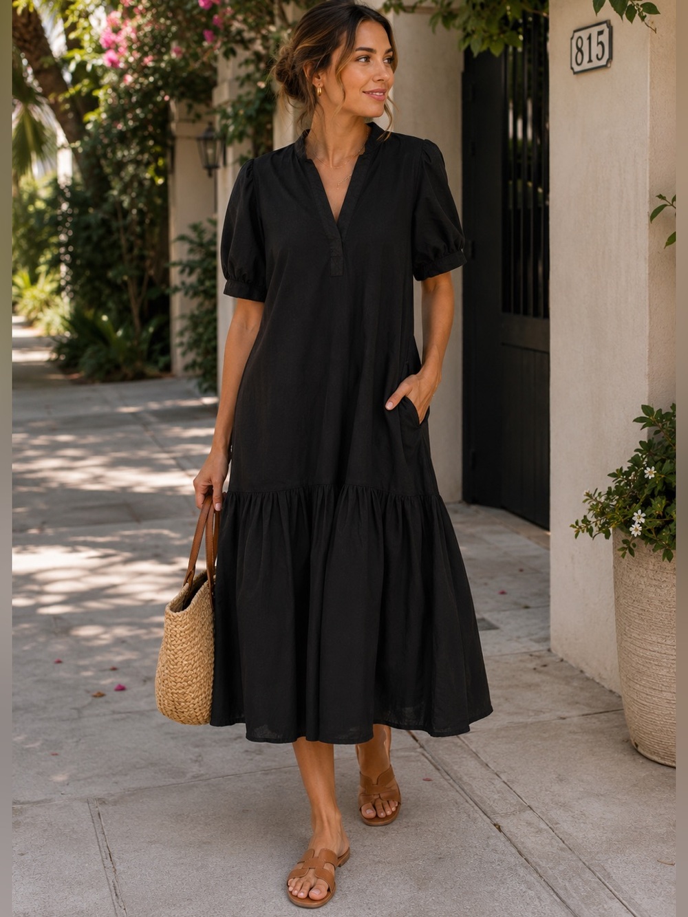 Who What Wear Black Puff Sleeve Tiered Midi Dress